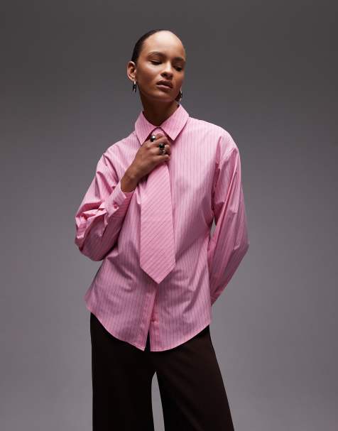 ASOS DESIGN regular fit tie detail shirt in pink stripe - view 1
