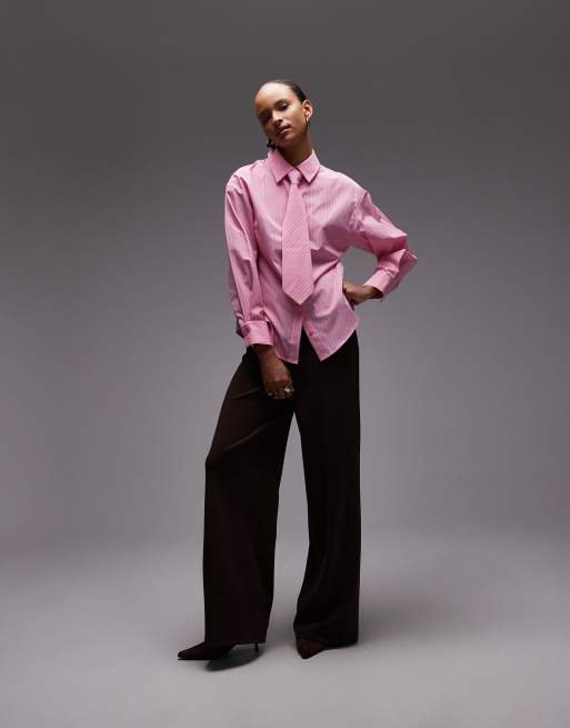 ASOS DESIGN regular fit tie detail shirt in pink stripe