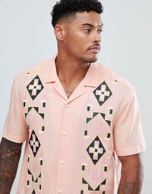 ASOS DESIGN regular fit tie dye shirt with geo-tribal embroidery and revere  collar