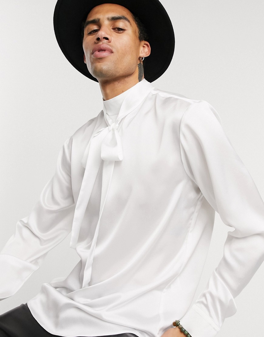 ASOS DESIGN regular fit tie front satin shirt in off white-Beige