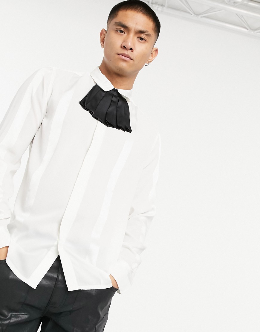 ASOS DESIGN regular fit tonal stripe shirt with detachable ruffle collar detail in off white