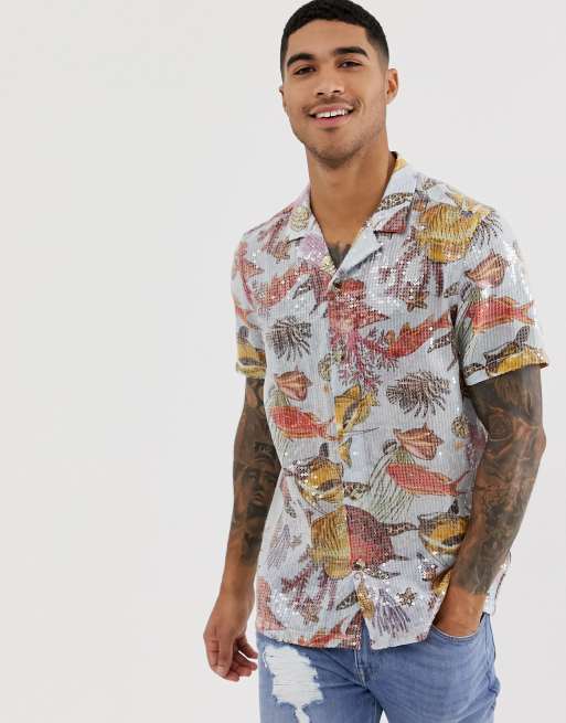 ASOS DESIGN regular fit underwater sequin printed shirt with revere collar