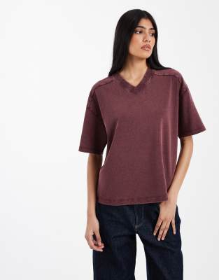 ASOS DESIGN regular fit V-neck detail tee in washed burgundy