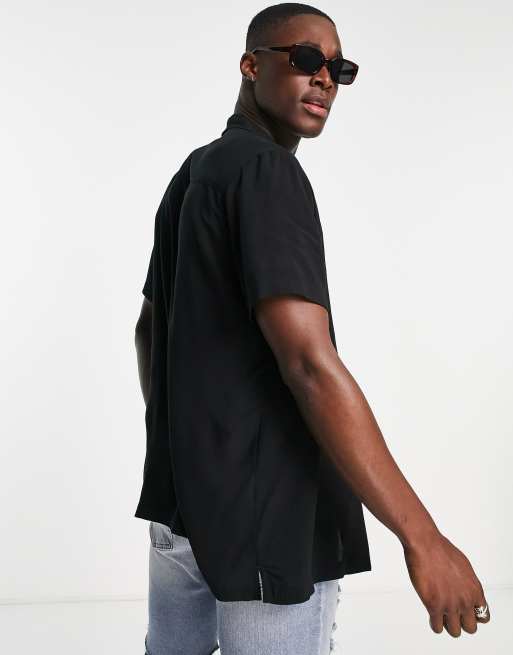ASOS DESIGN regular fit viscose shirt with revere collar in black, 2 of 4