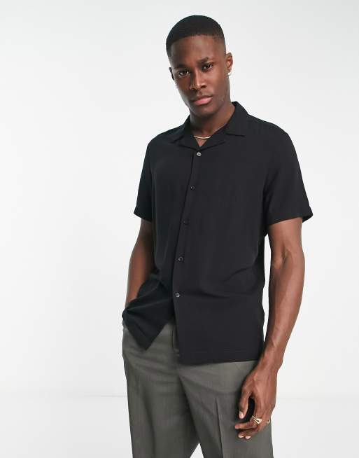 ASOS DESIGN regular fit viscose shirt with revere collar in black | ASOS