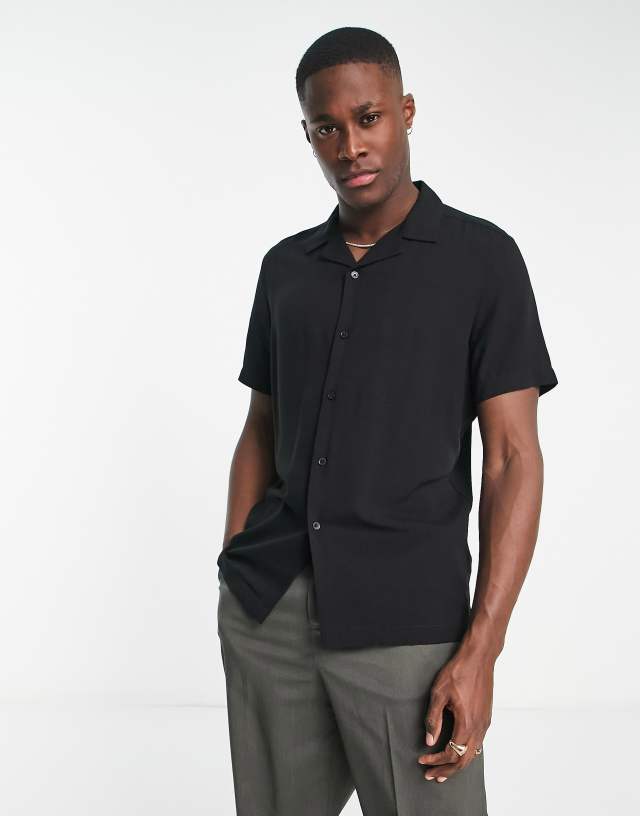 ASOS DESIGN regular fit viscose shirt with revere collar in black