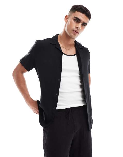 ASOS DESIGN regular fit viscose shirt with revere collar in black - view 1