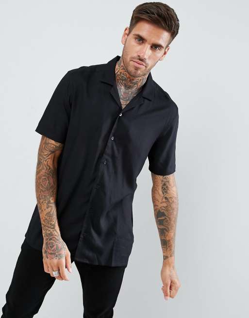 ASOS DESIGN regular fit viscose shirt with revere collar in black