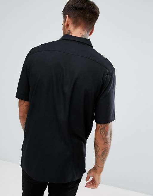 ASOS DESIGN regular fit viscose shirt with revere collar in black