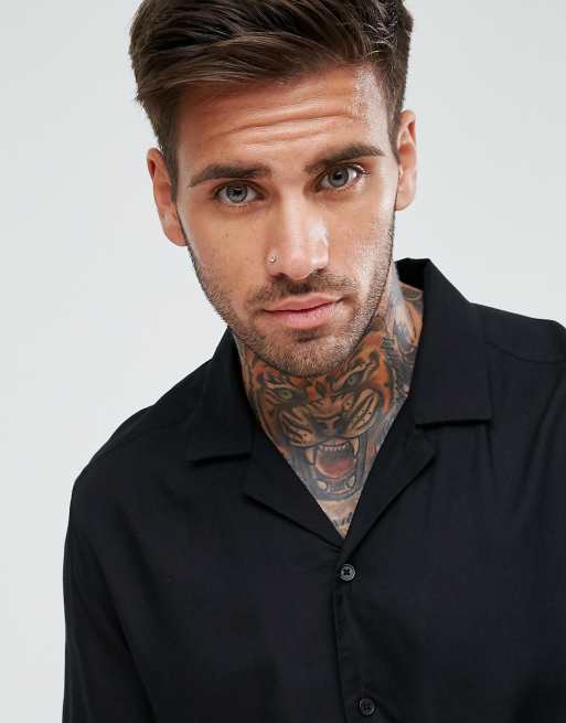 ASOS DESIGN regular fit viscose shirt with revere collar in black