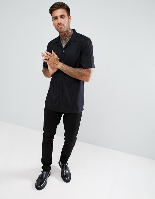 ASOS DESIGN regular fit viscose shirt with revere collar in black