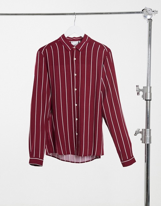ASOS DESIGN regular fit viscose stripe shirt in burgundy