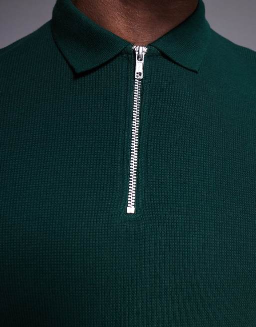 ASOS DESIGN regular fit waffle long sleeve polo with zip in dark green, 3 of 4