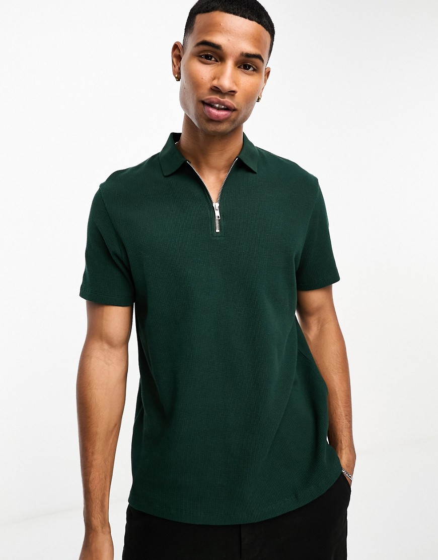 Asos Design Regular Fit Waffle Polo With Zip In Dark Green