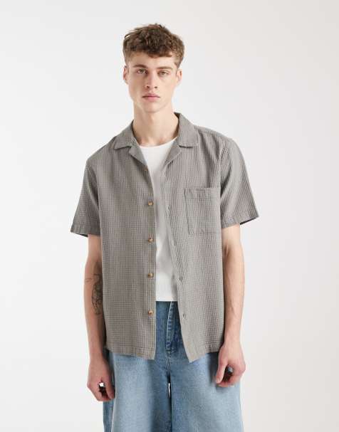 ASOS DESIGN regular fit waffle textured shirt in khaki - view 1