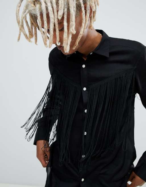 ASOS DESIGN regular fit western shirt with tassels in black