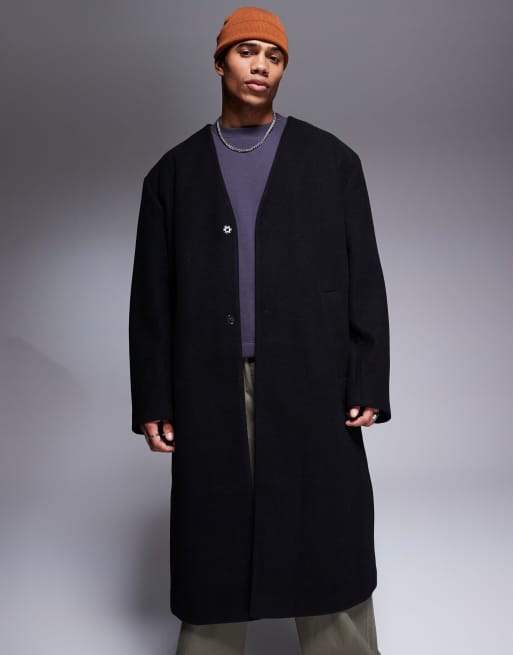 ASOS DESIGN regular fit wool look collarless overcoat in black