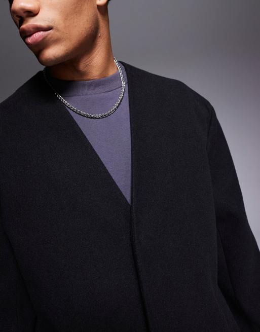 ASOS DESIGN regular fit wool look collarless overcoat in black, 3 of 4