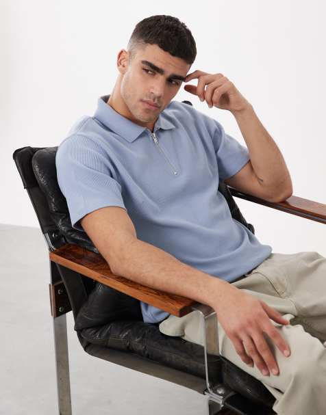 ASOS DESIGN regular fit zip polo in blue waffle - view 1
