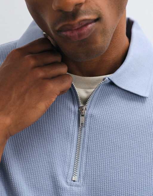 ASOS DESIGN regular fit zip polo in blue waffle, 2 of 5