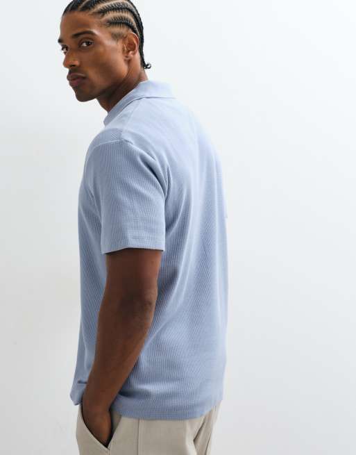 ASOS DESIGN regular fit zip polo in blue waffle, 3 of 5