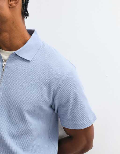 ASOS DESIGN regular fit zip polo in blue waffle, 5 of 5