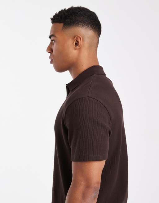 ASOS DESIGN regular fit zip polo in dark brown waffle | ASOS