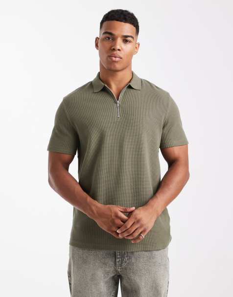 ASOS DESIGN regular fit zip polo shirt in khaki waffle - view 1