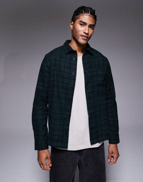 ASOS DESIGN regular flannel check shirt in dark green - view 1