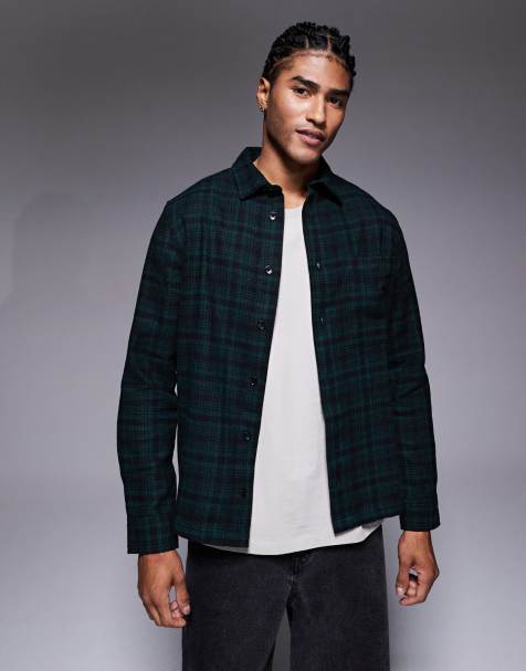 ASOS DESIGN regular flannel check shirt in dark green