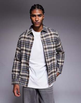 Asos Design Regular Flannel Plaid Shirt In Brown