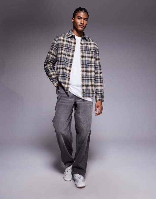 ASOS DESIGN regular flannel check shirt in beige