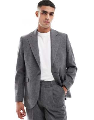 Asos Design Regular Flannel Suit Jacket In Charcoal Heather-gray