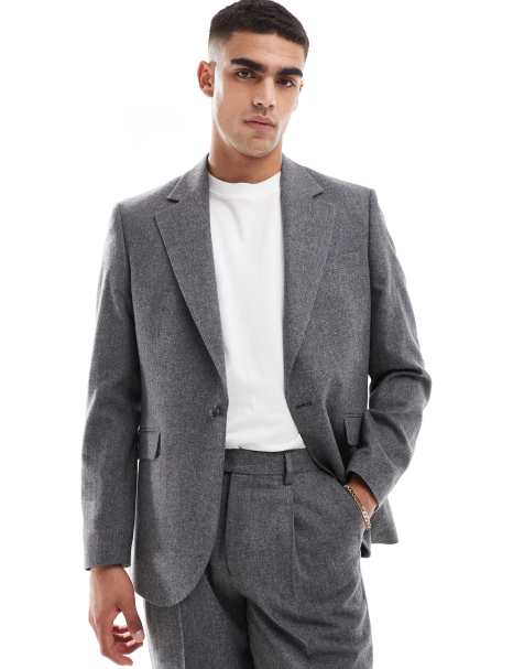 ASOS DESIGN regular flannel wool mix suit jacket in charcoal marl - view 1