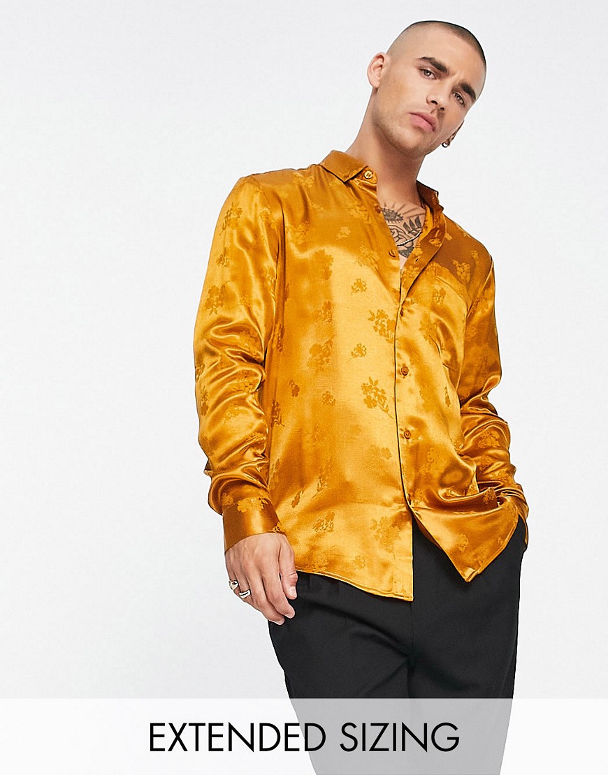 Asos Design Regular Floral Satin Jacquard Shirt In Gold