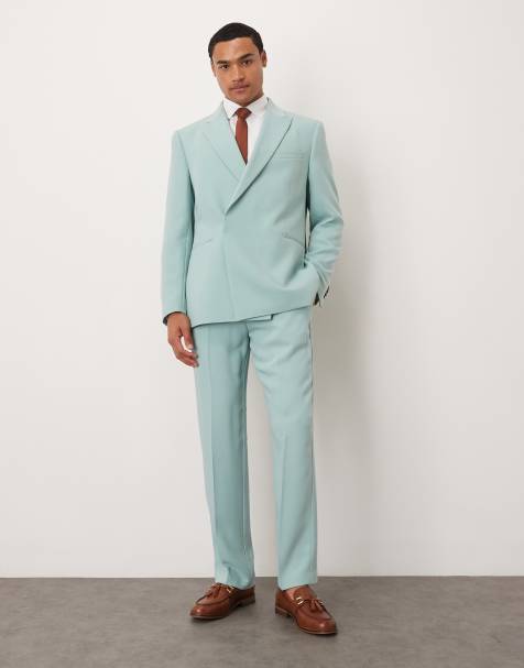 ASOS DESIGN – Regulär geschnittener, zweireihiger Anzug aus Twill in Leinenoptik in Blau - view 1
