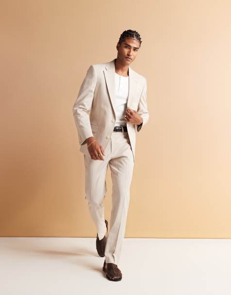 ASOS DESIGN – Regulär geschnittener, zweireihiger Anzug mit Leinenanteil in Steinbeige - view 1