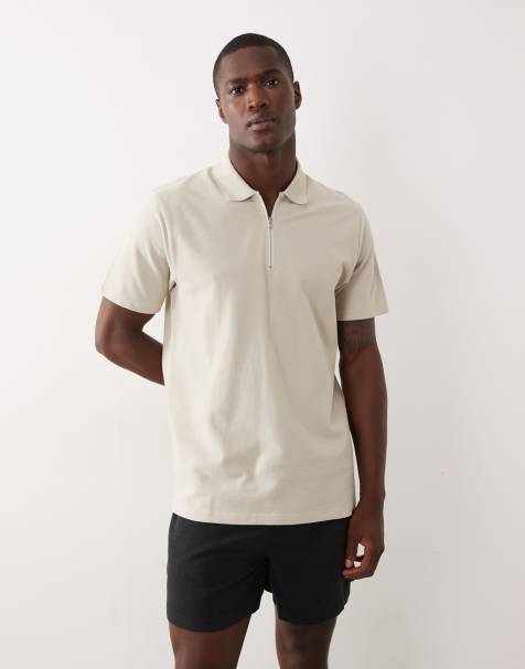 ASOS DESIGN – Regulär geschnittenes Pikee-Polohemd in Beige mit Reißverschluss - view 1