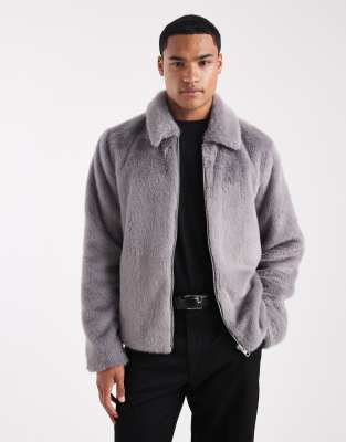 Asos Design Regular Harrington Faux Fur Jacket In Gray