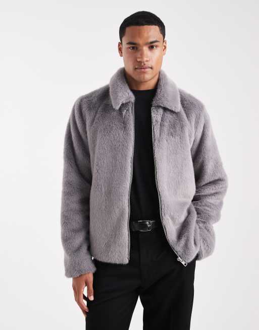 ASOS DESIGN regular harrington faux fur jacket in grey
