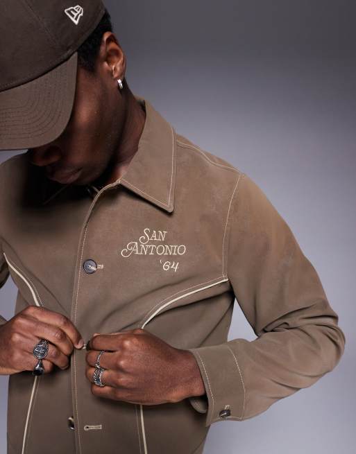 ASOS DESIGN regular harrington faux suede embroidered jacket in brown, 2 of 4
