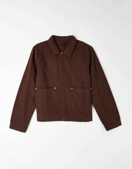 ASOS DESIGN Regular harrington jacket in brown canvas w/ vintage wash - part of a set