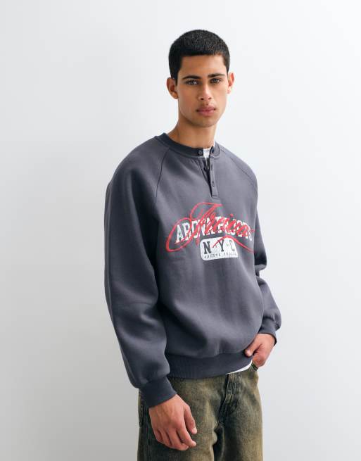 ASOS DESIGN regular henley sweatshirt with NYC script graphic in grey, 5 of 5