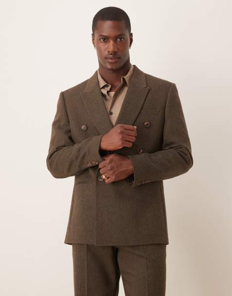 ASOS DESIGN regular herringbone double breasted suit jacket in brown wool mix - view 1