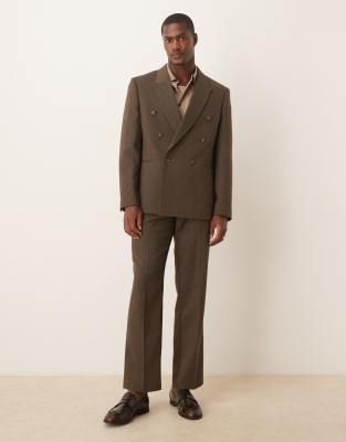 Asos Design Regular Herringbone Double Breasted Suit Jacket In Brown