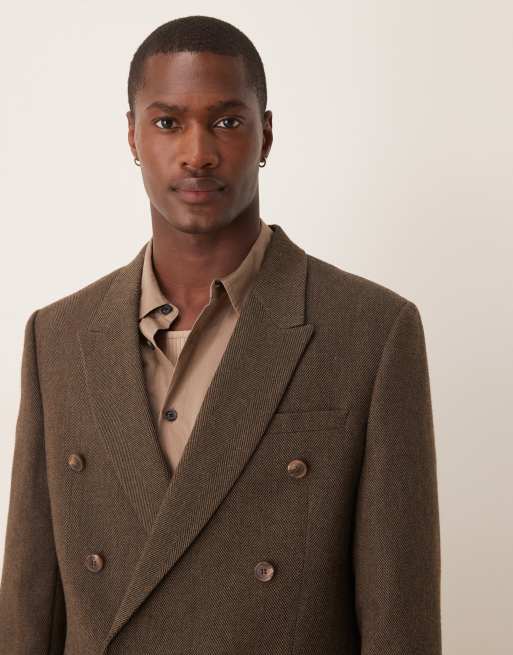 Brown Designer Peacoat Mens ASOS DESIGN Regular Herringbone Double
