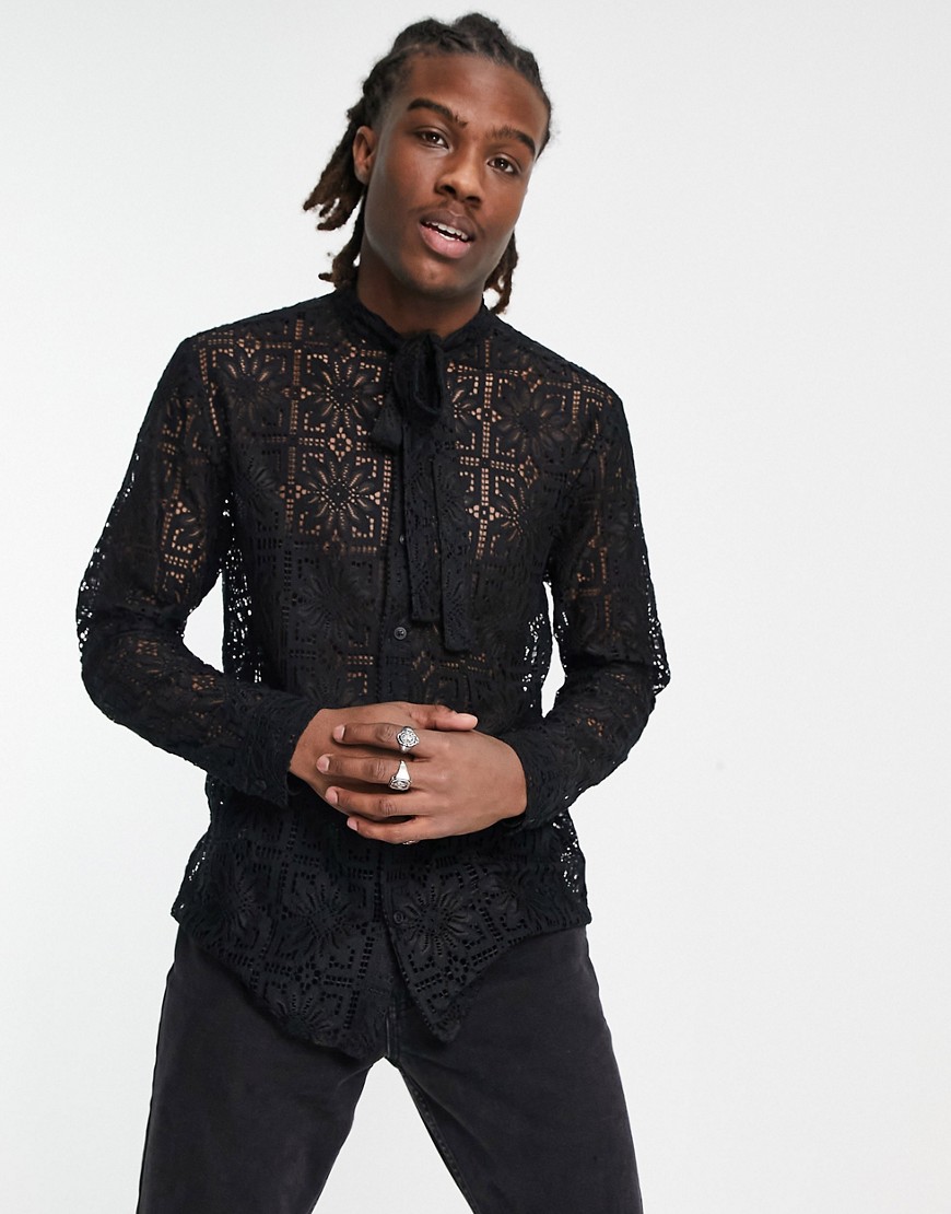 Asos Design Regular Lace Shirt With Tie Neck And Blouson Sleeve In Black