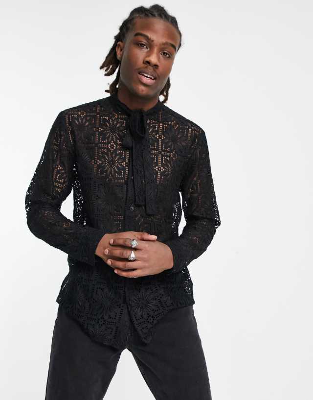 ASOS DESIGN regular lace shirt with tie neck and blouson sleeve in black