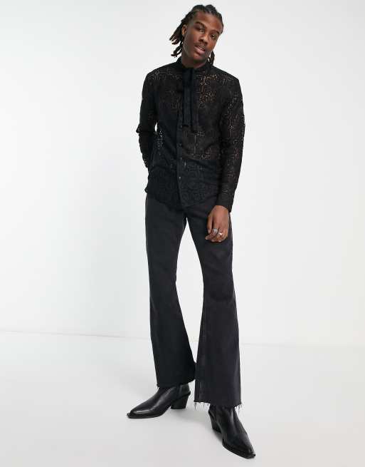 ASOS DESIGN regular lace shirt with tie neck and blouson sleeve in black