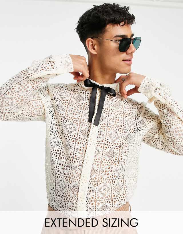 ASOS DESIGN regular lace shirt with tie neck in ecru